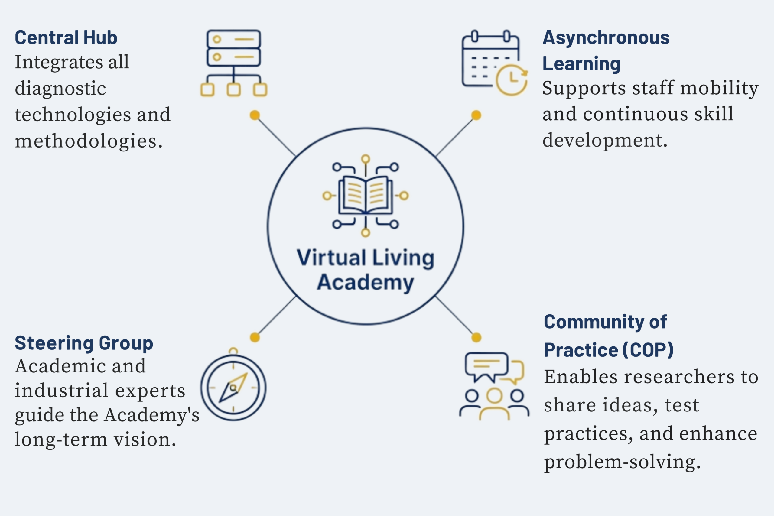 Virtual Living Academy – central hub integrating METNEDIA diagnostic technologies with steering group, community of practice, and asynchronous learning